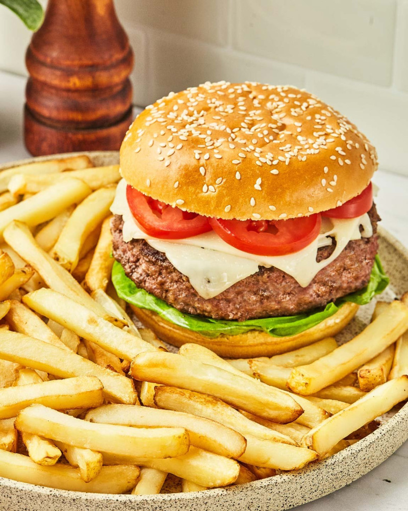 Hamburger with French fries
